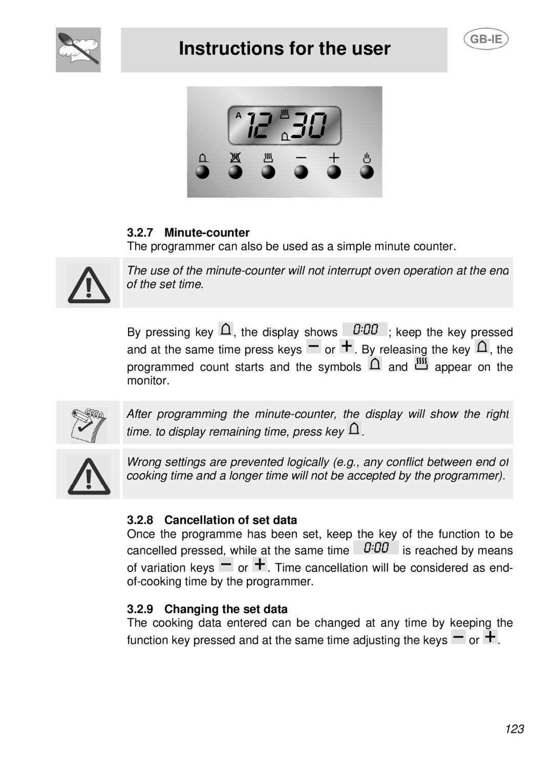 Smeg SDK380X-5, SDK398X-5 manual Minute-counter, Cancellation of set data, Changing the set data 