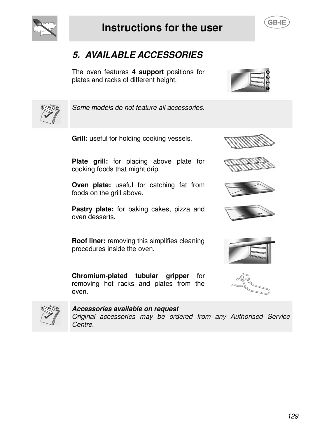 Smeg SDK380X-5, SDK398X-5 manual Available Accessories, Some models do not feature all accessories 