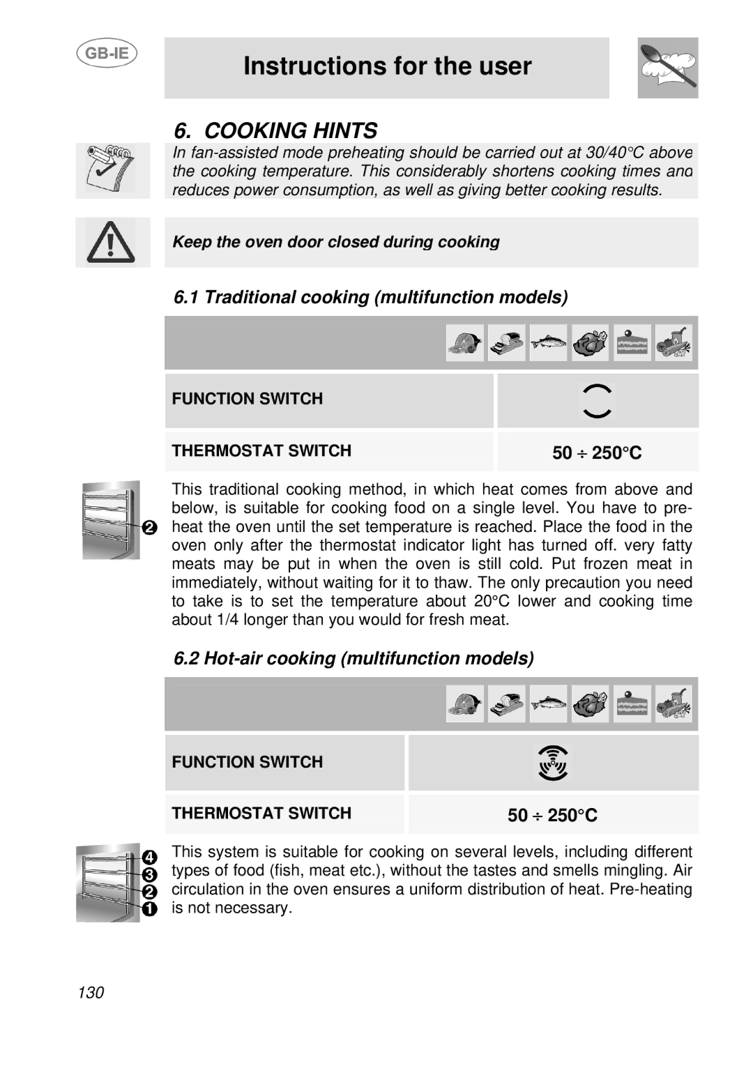 Smeg SDK398X-5, SDK380X-5 Cooking Hints, Traditional cooking multifunction models, Hot-air cooking multifunction models 