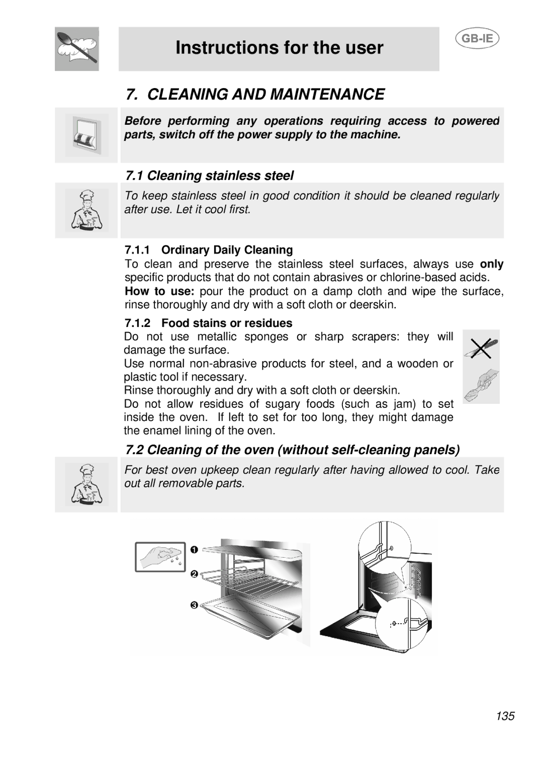 Smeg SDK380X-5 manual Cleaning and Maintenance, Cleaning stainless steel, Cleaning of the oven without self-cleaning panels 