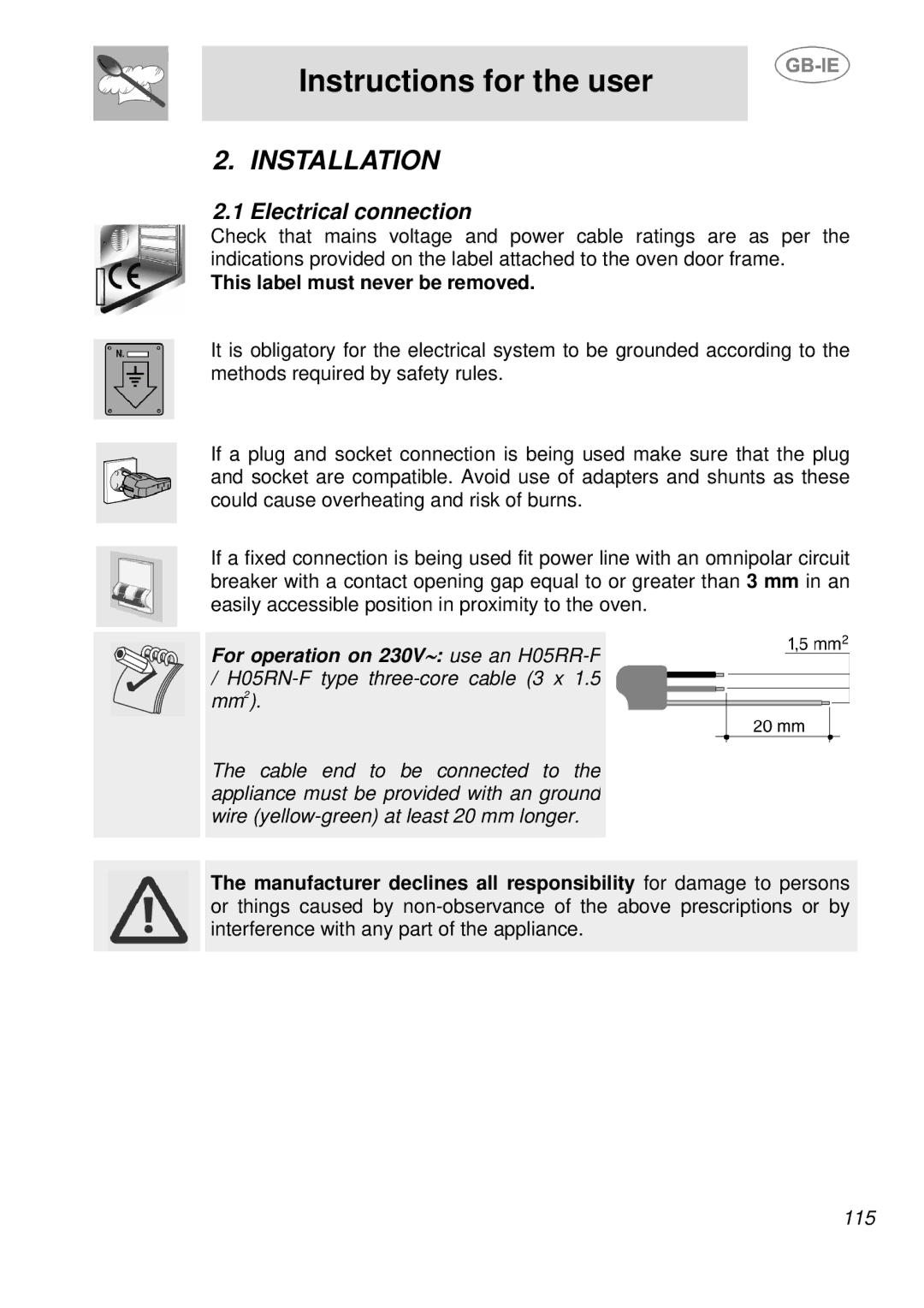 Smeg SDK380X-5, SDK398X-5 manual Installation, Electrical connection, This label must never be removed 