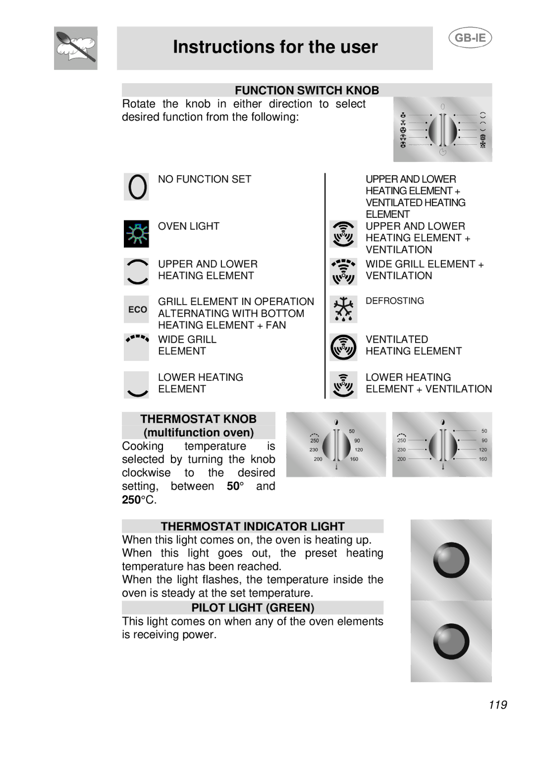 Smeg SDK380X-5, SDK398X-5 manual Function Switch Knob, Thermostat Knob multifunction oven 