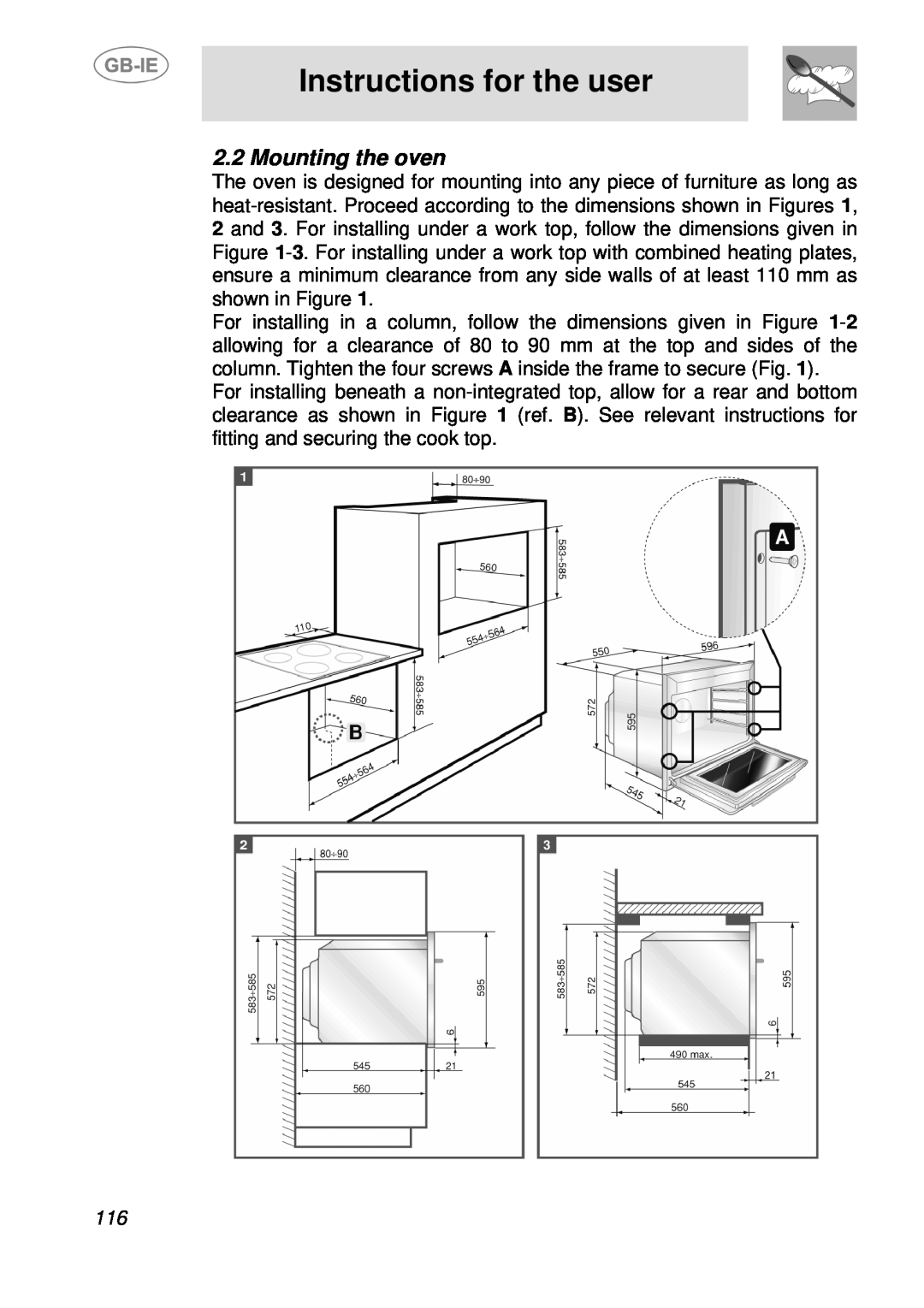 Smeg SDK398X-5, SDK380X-5 manual Mounting the oven, Instructions for the user 