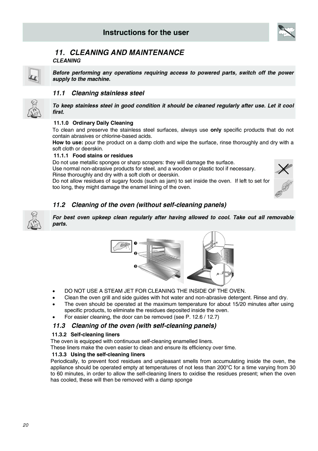 Smeg SDO10 manual Cleaning and Maintenance, Cleaning stainless steel, Cleaning of the oven without self-cleaning panels 