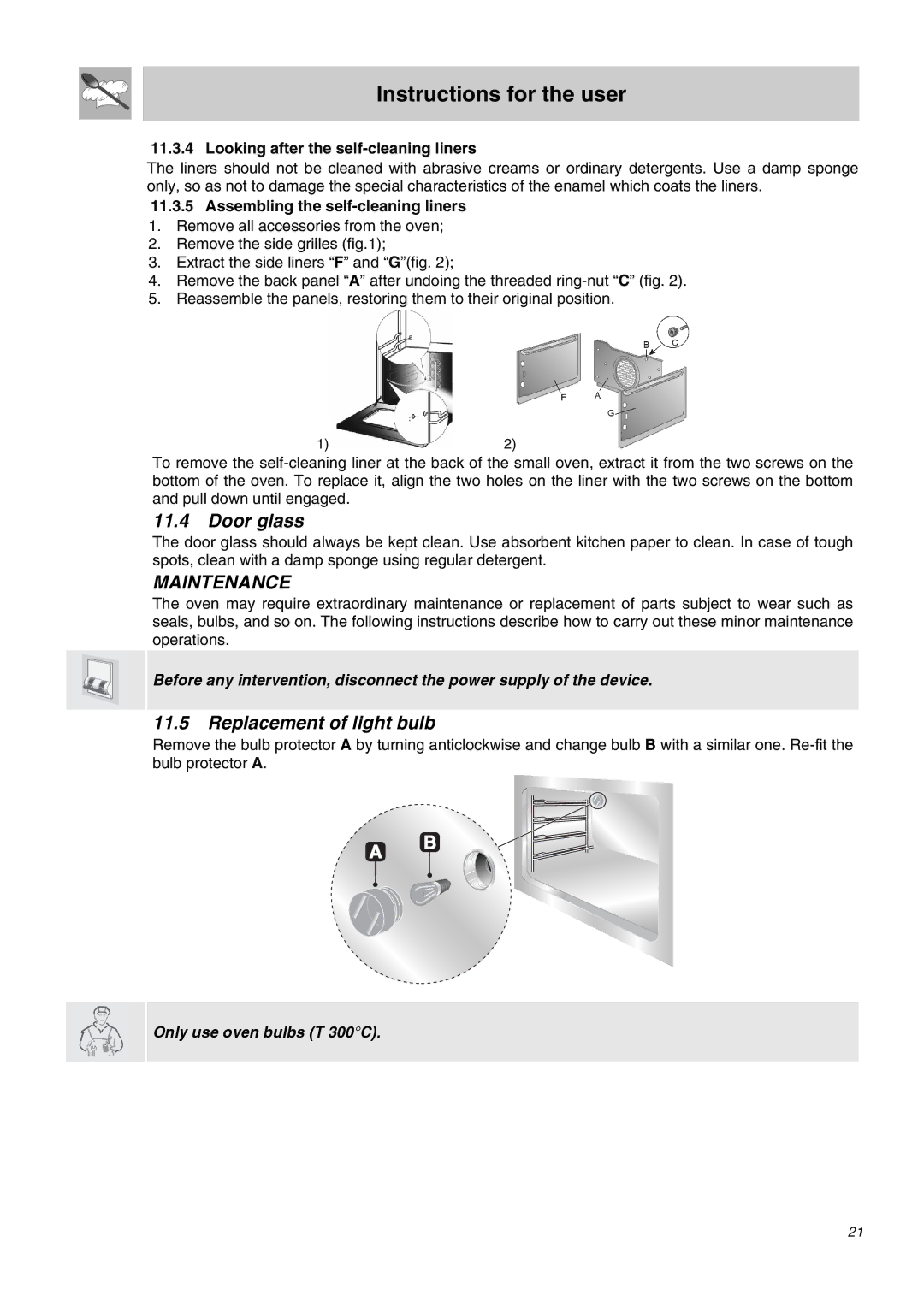 Smeg SDO10 manual Door glass, Replacement of light bulb, Looking after the self-cleaning liners 