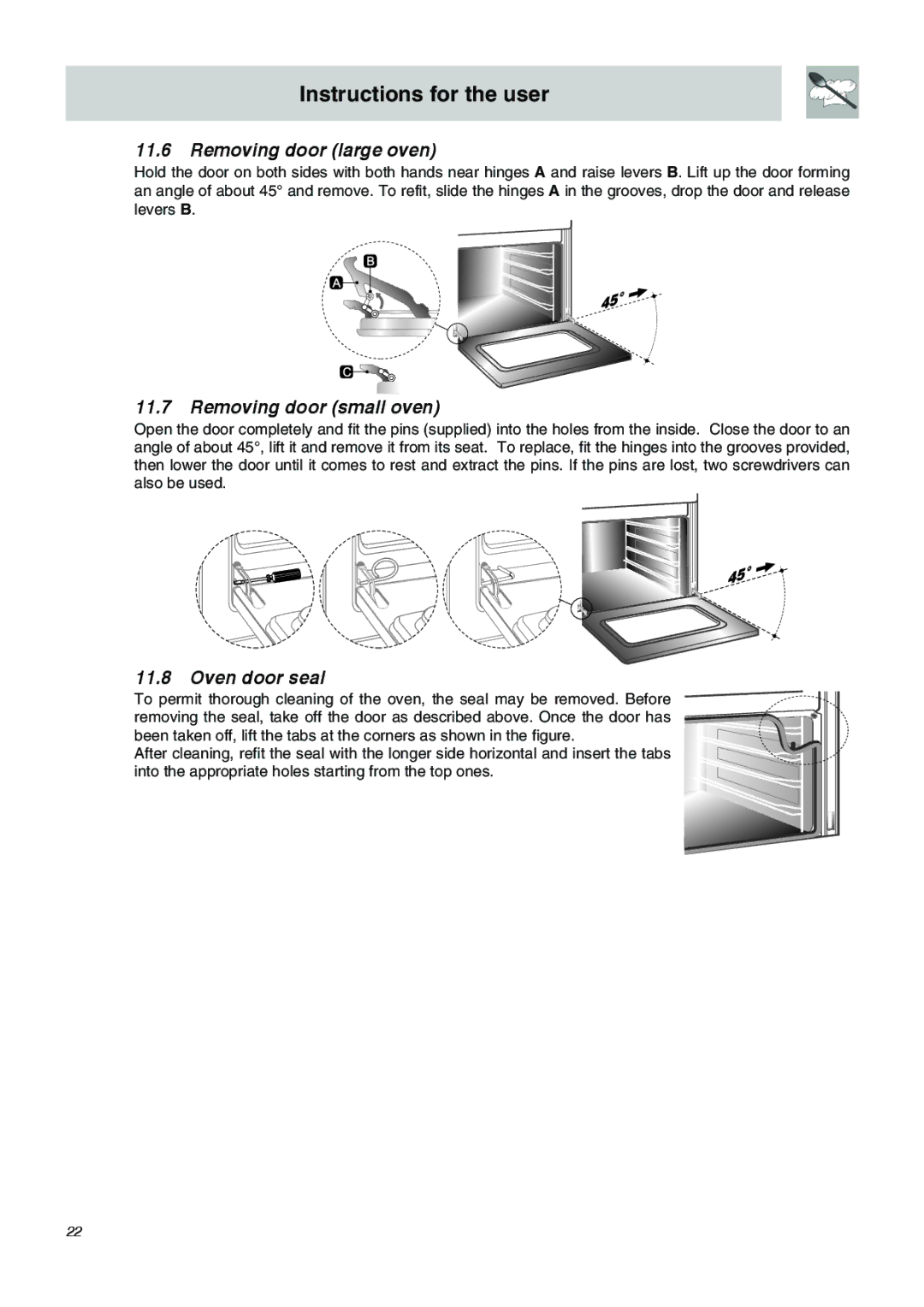 Smeg SDO10 manual Removing door large oven, Removing door small oven, Oven door seal 