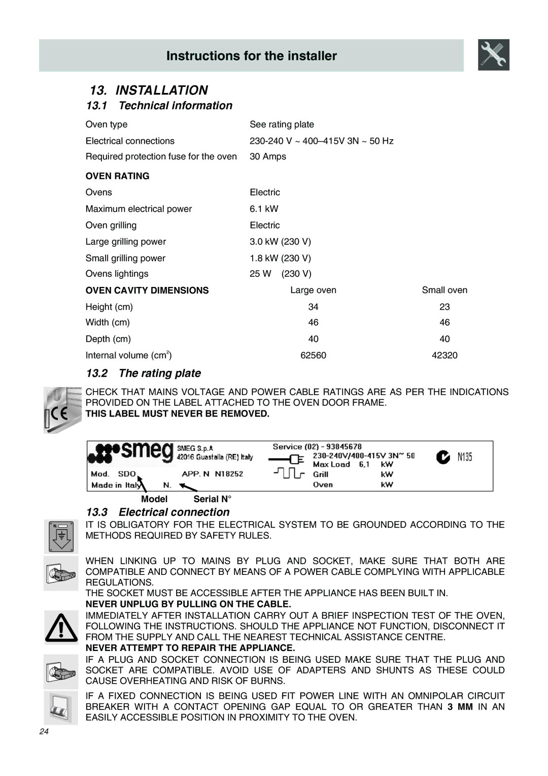 Smeg SDO10 manual Installation, Technical information, Rating plate, Electrical connection 