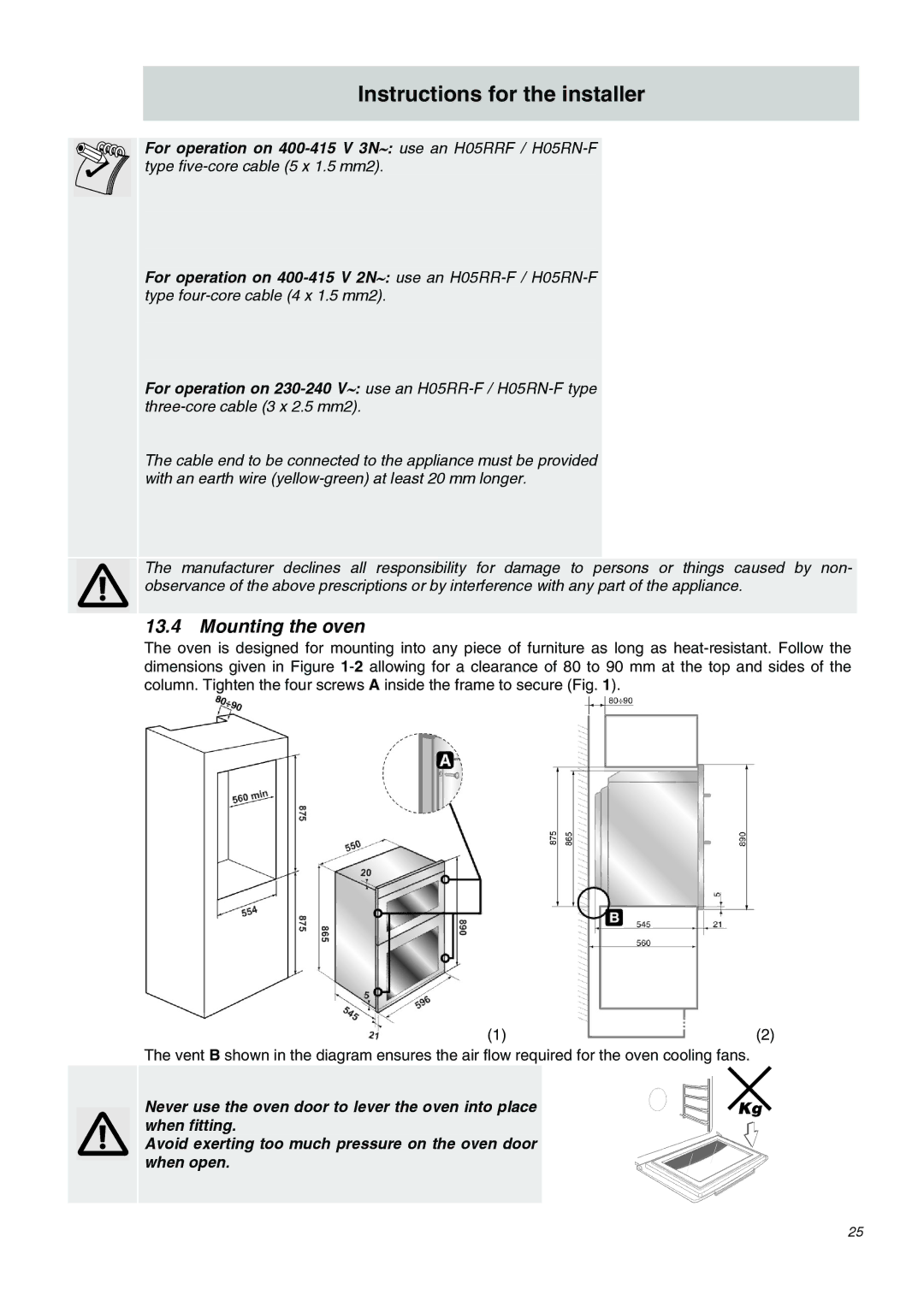 Smeg SDO10 manual Mounting the oven 