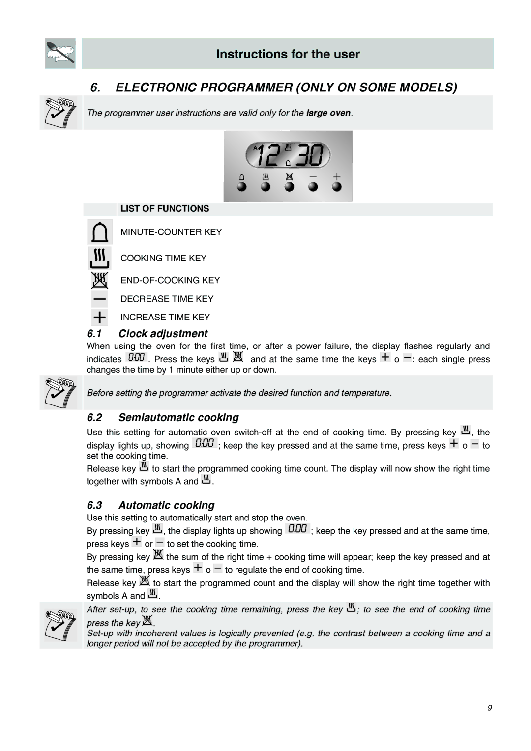 Smeg SDO10 manual Electronic Programmer only on Some Models, Clock adjustment, Semiautomatic cooking, Automatic cooking 