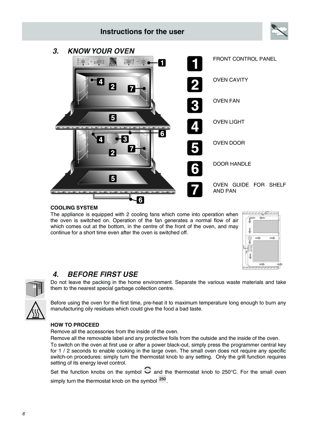 Smeg SDO10 manual Instructions for the user, Know Your Oven, Before First Use, Cooling System, How To Proceed 
