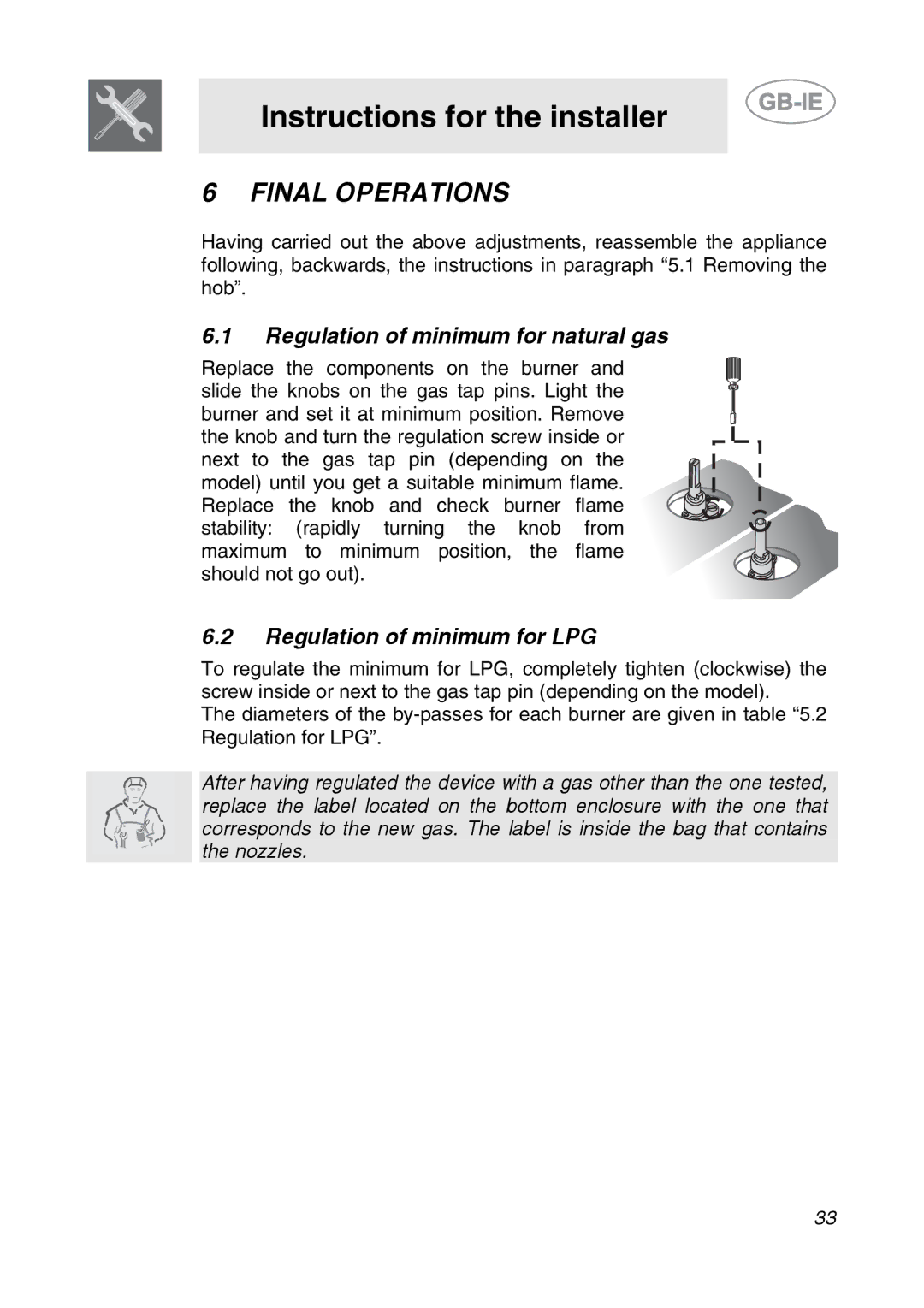 Smeg SDR575XG5 manual Final Operations, Regulation of minimum for natural gas, Regulation of minimum for LPG 