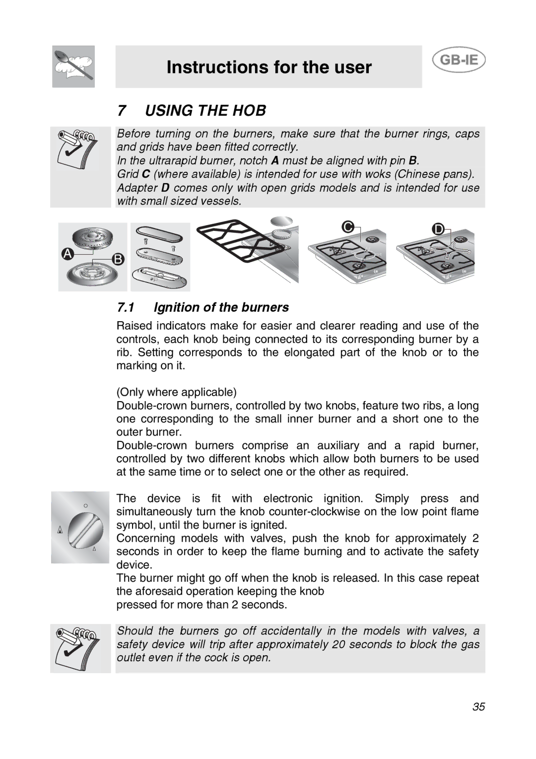 Smeg SDR575XG5 manual Instructions for the user, Using the HOB, Ignition of the burners 