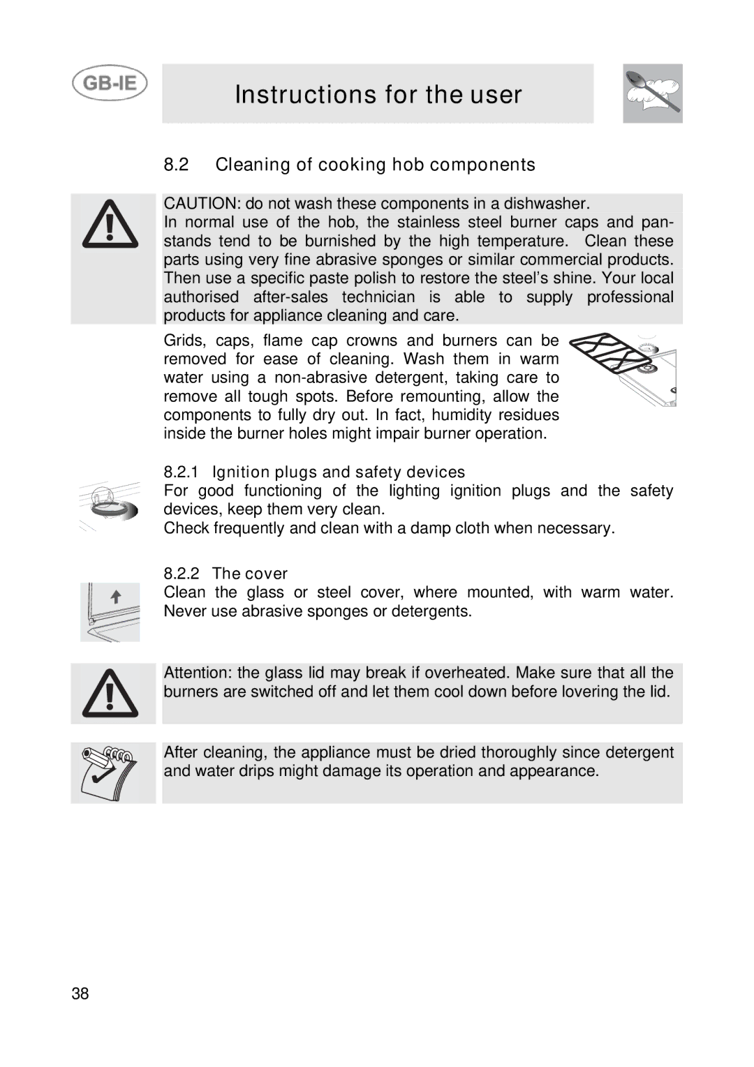 Smeg SDR575XG5 manual Cleaning of cooking hob components, Ignition plugs and safety devices, Cover 