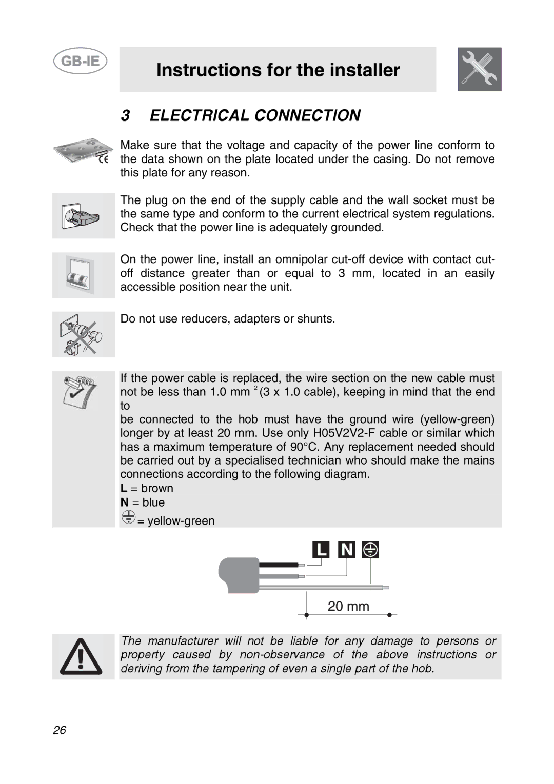 Smeg SDR575XG5 manual Electrical Connection 