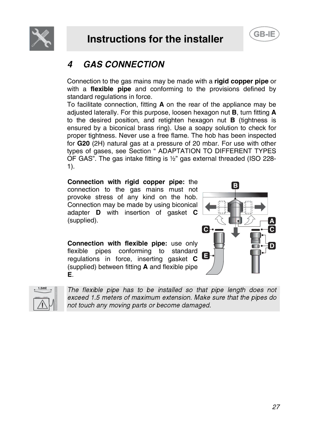 Smeg SDR575XG5 manual GAS Connection 