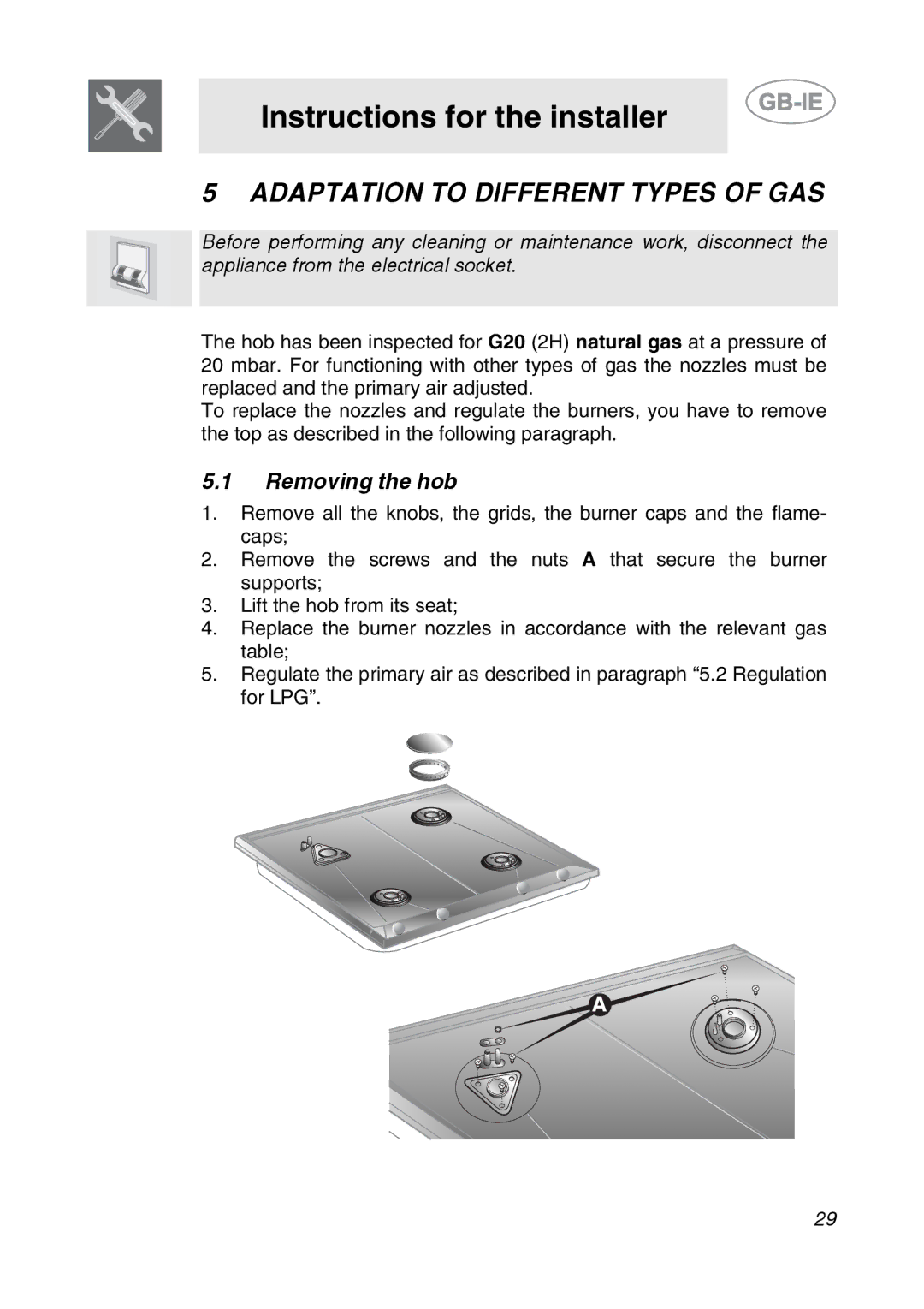 Smeg SDR575XG5 manual Adaptation to Different Types of GAS, Removing the hob 