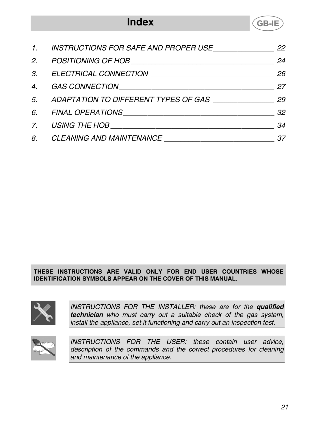 Smeg SDR60XG manual Index, Adaptation to Different Types of GAS 