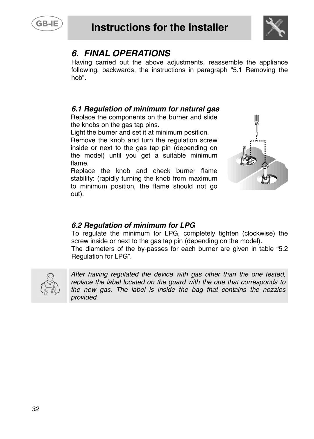 Smeg SDR60XG manual Final Operations, Regulation of minimum for natural gas, Regulation of minimum for LPG 