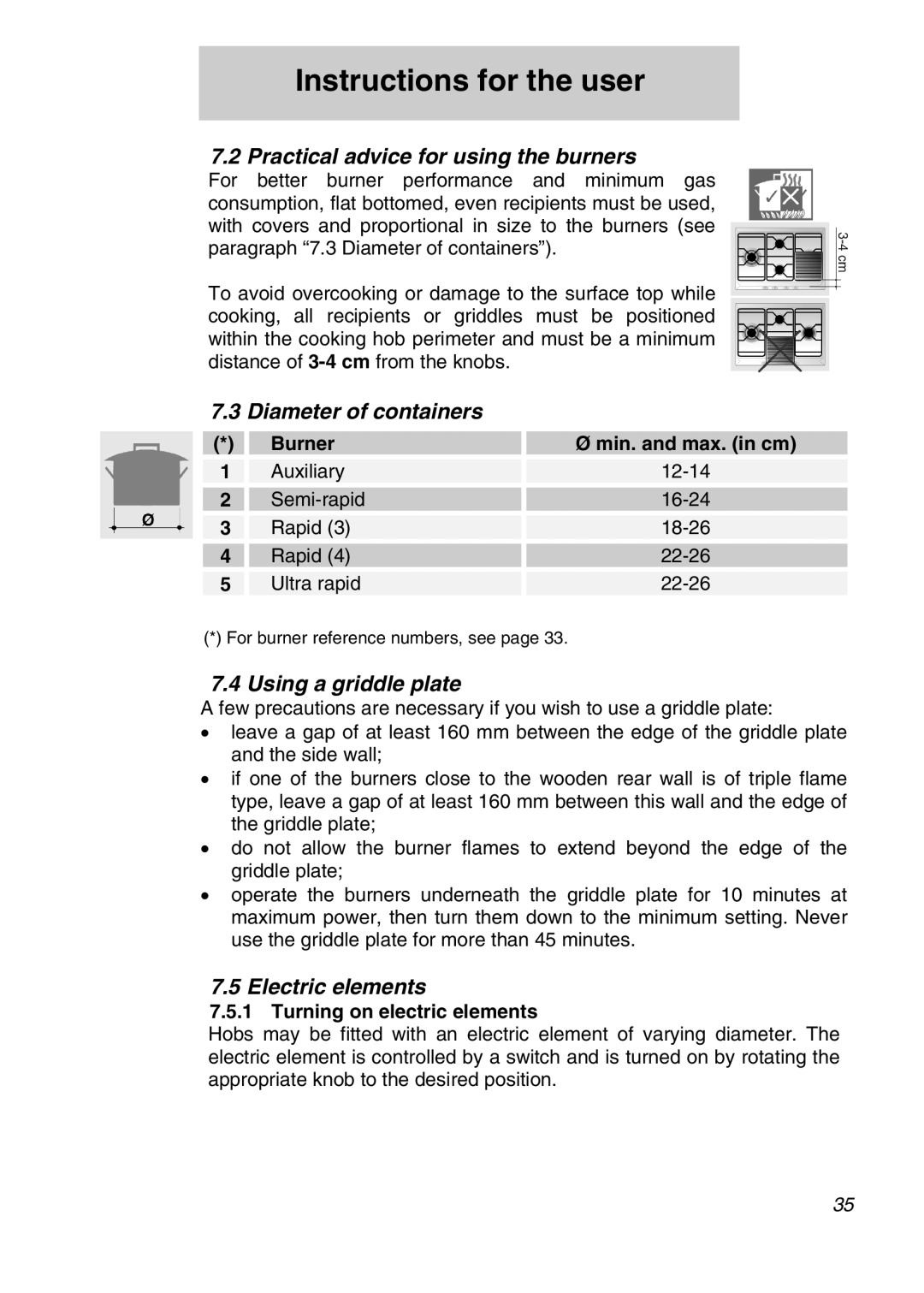 Smeg SDR60XG Practical advice for using the burners, Diameter of containers, Using a griddle plate, Electric elements 