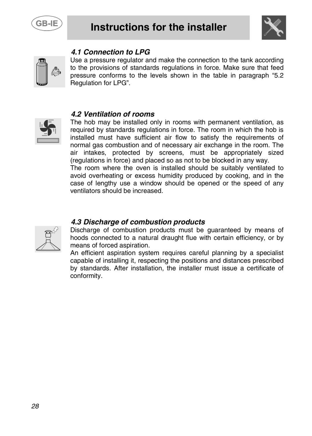 Smeg SDR60XG manual Connection to LPG, Ventilation of rooms, Discharge of combustion products 