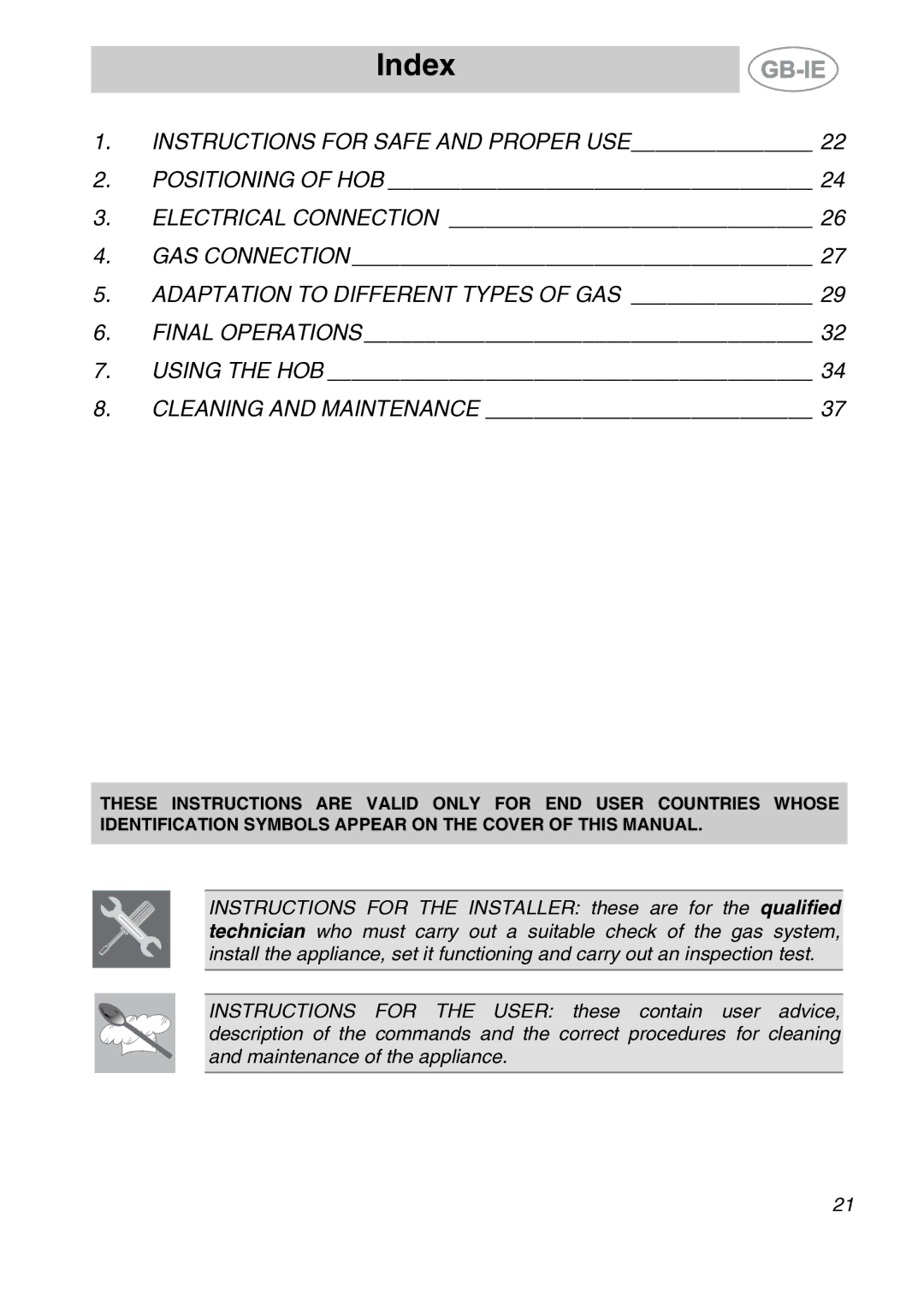 Smeg SDR60XG3 manual Index, Adaptation to Different Types of GAS 