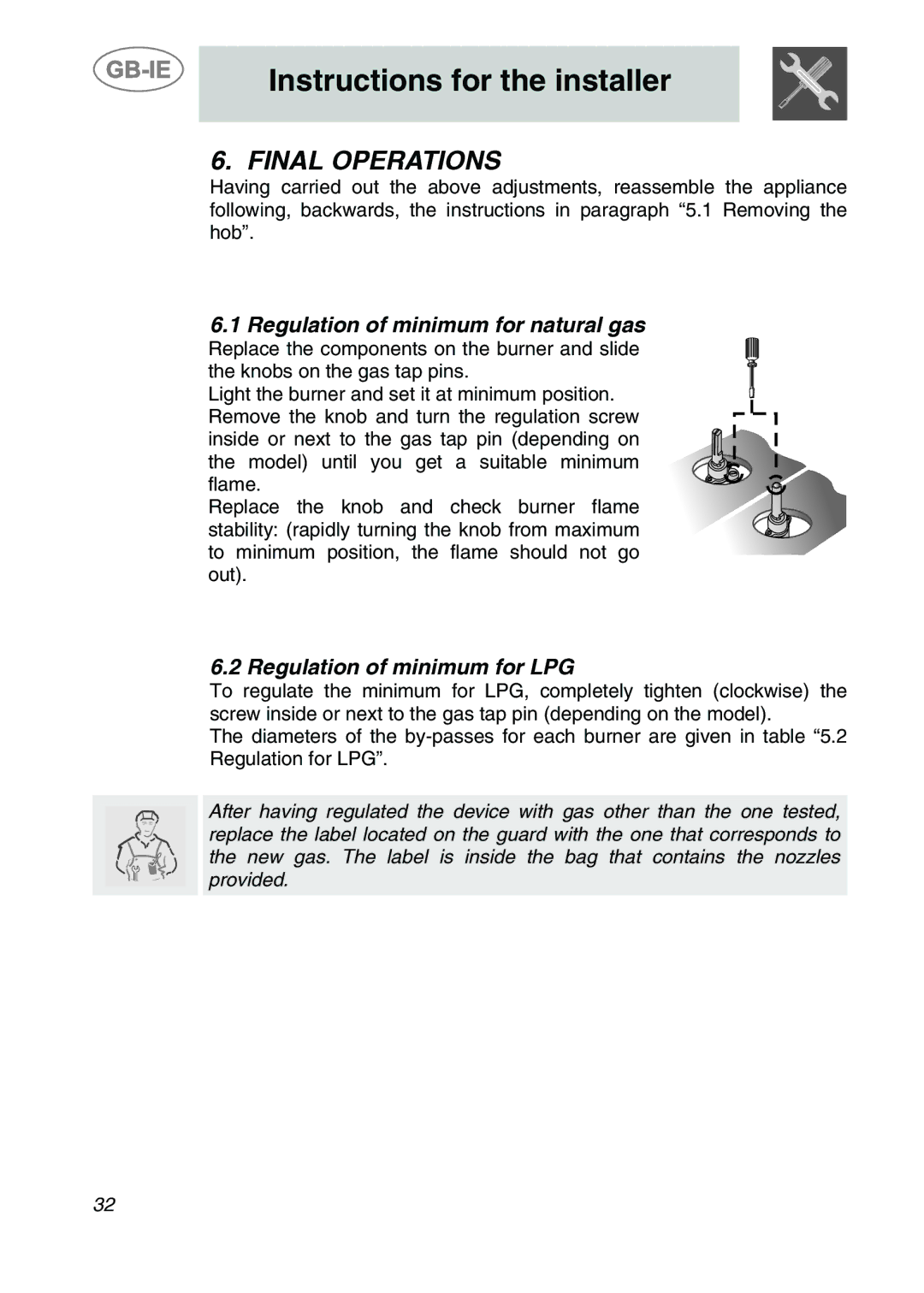 Smeg SDR60XG3 manual Final Operations, Regulation of minimum for natural gas, Regulation of minimum for LPG 