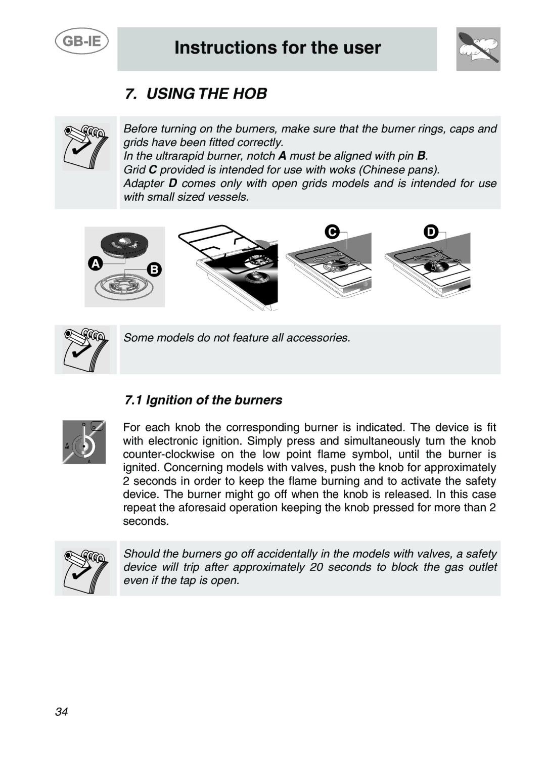 Smeg SDR60XG3 manual Instructions for the user, Using the HOB, Ignition of the burners 