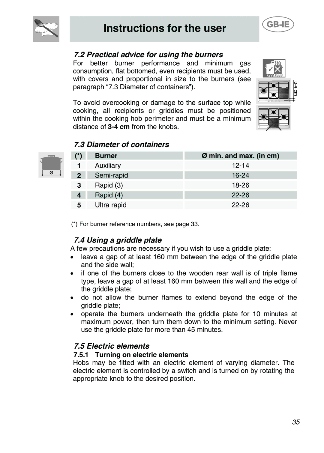 Smeg SDR60XG3 Practical advice for using the burners, Diameter of containers, Using a griddle plate, Electric elements 