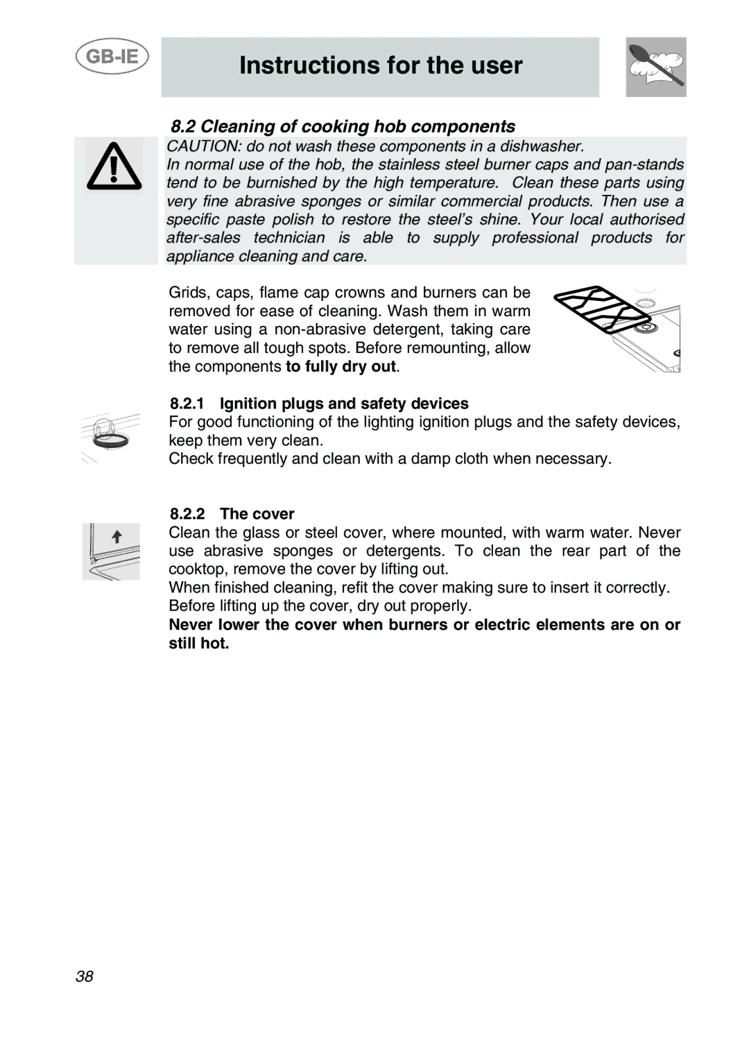 Smeg SDR60XG3 manual Cleaning of cooking hob components, Ignition plugs and safety devices, Cover 