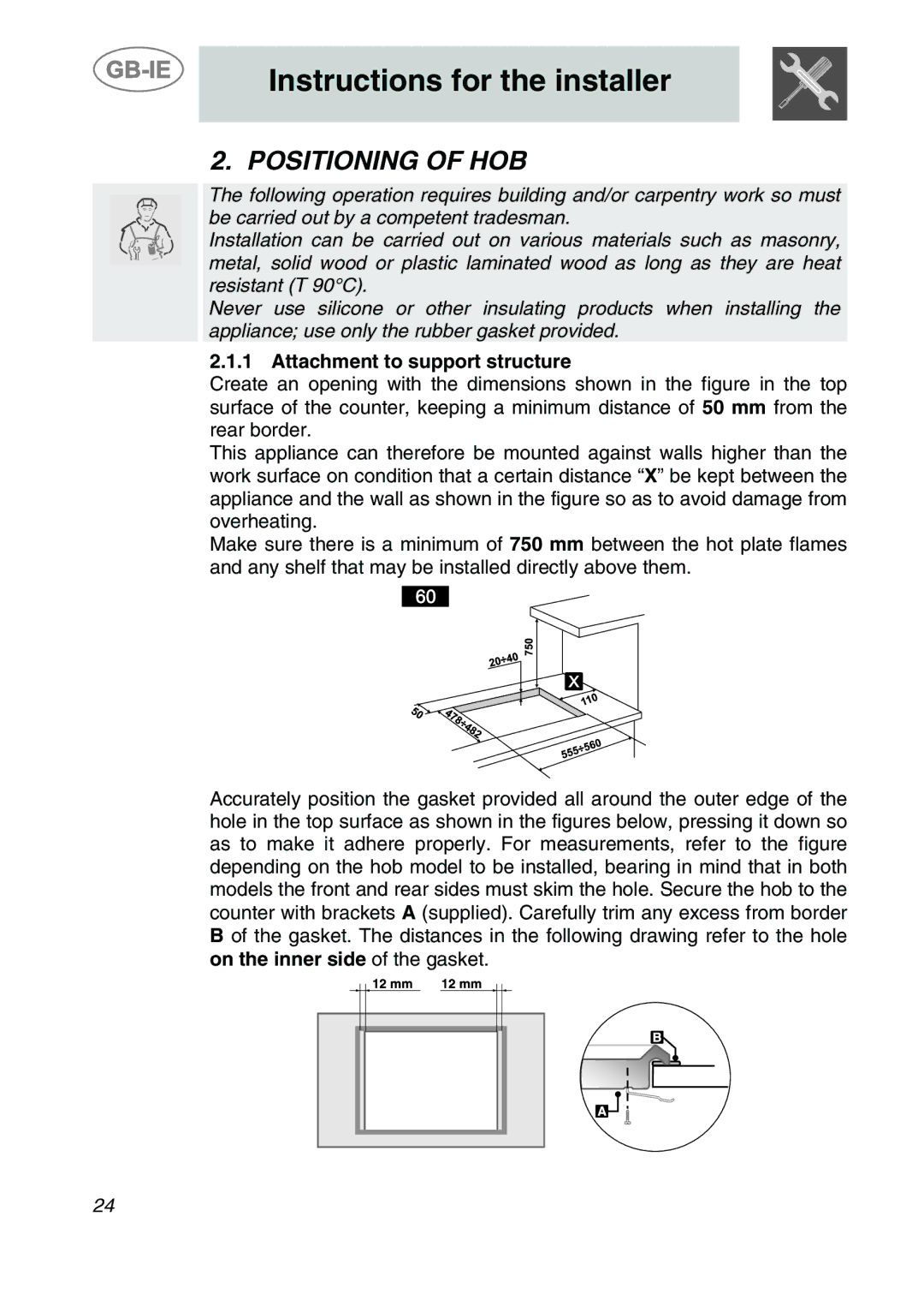 Smeg SDR60XG3 manual Instructions for the installer, Positioning of HOB, Attachment to support structure 