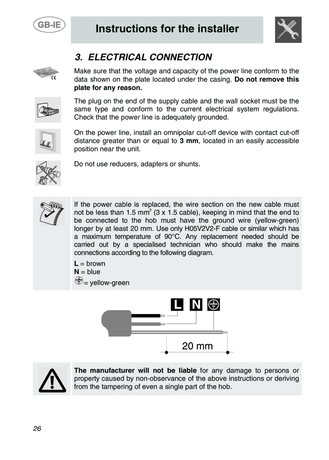 Smeg SDR60XG3 manual Electrical Connection 