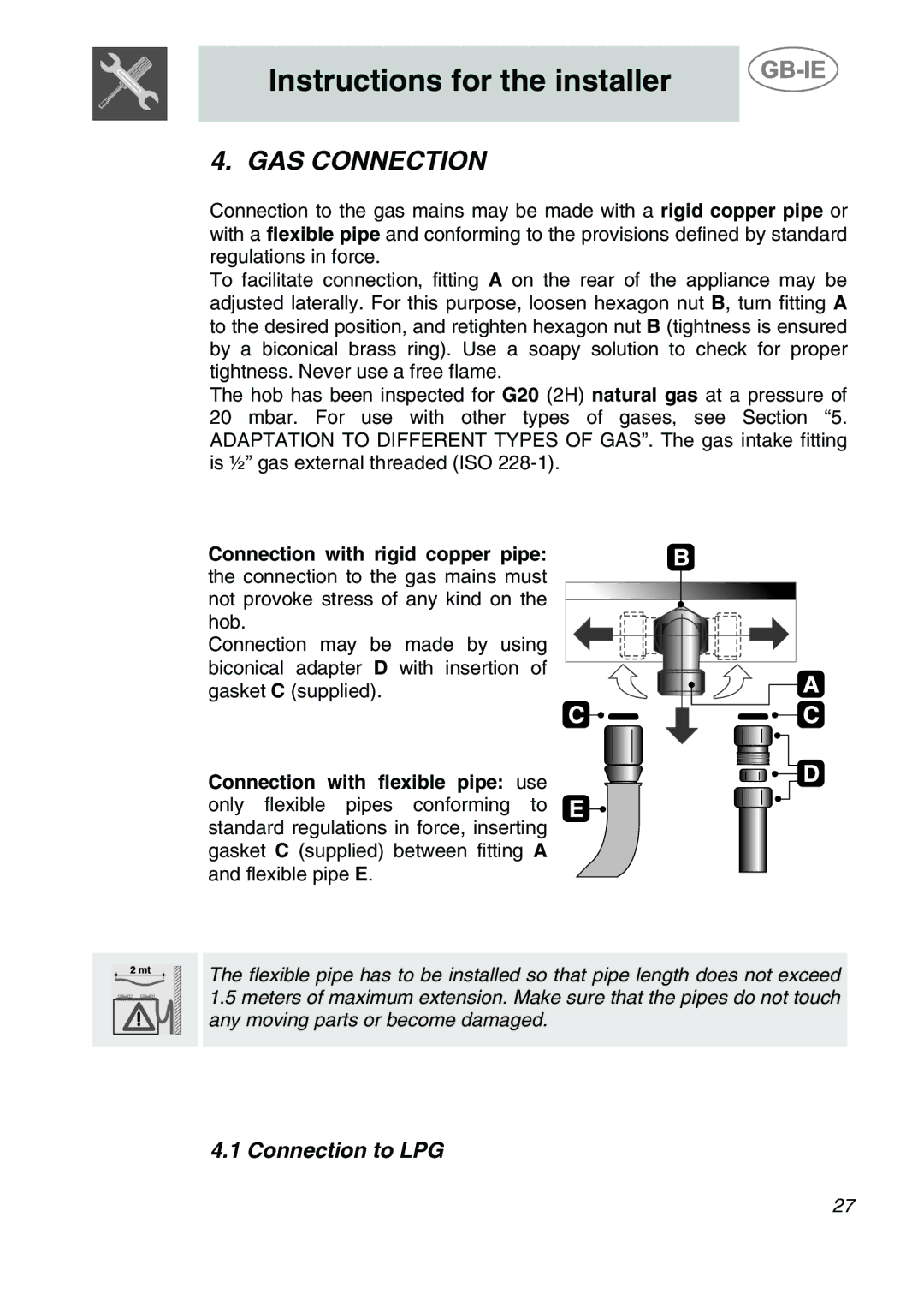 Smeg SDR60XG3 manual GAS Connection, Connection to LPG 