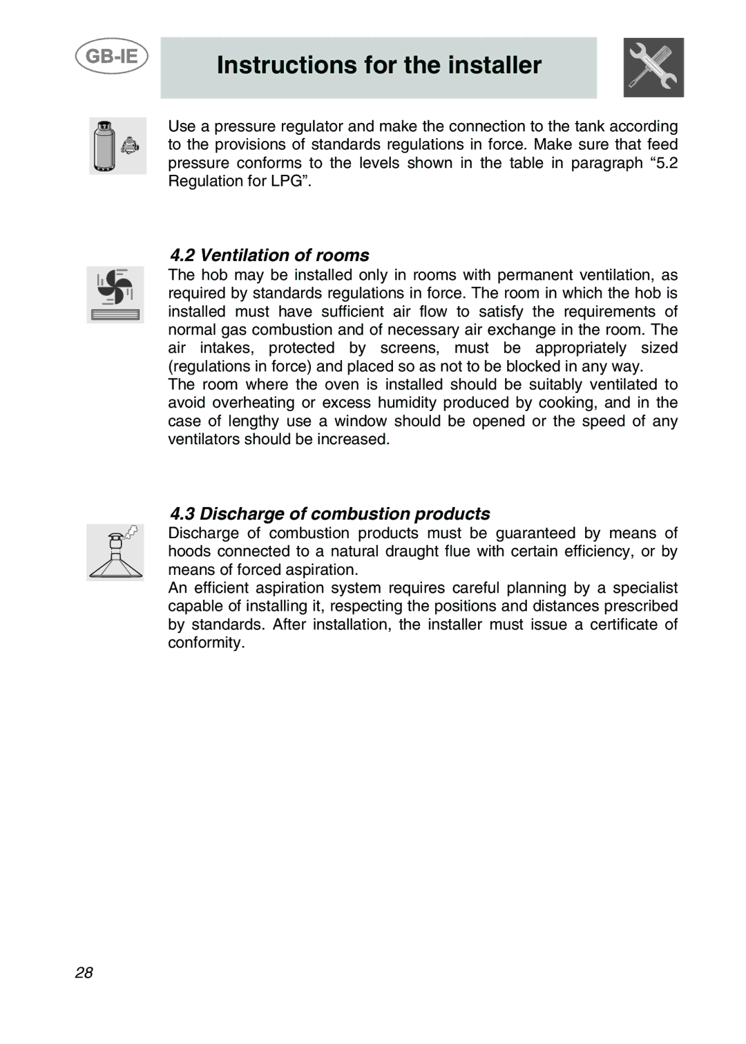 Smeg SDR60XG3 manual Ventilation of rooms, Discharge of combustion products 