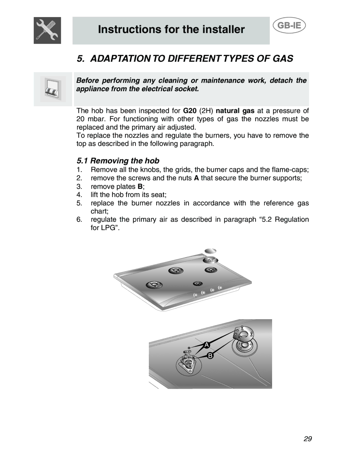 Smeg SDR60XG3 manual Adaptation to Different Types of GAS, Removing the hob 