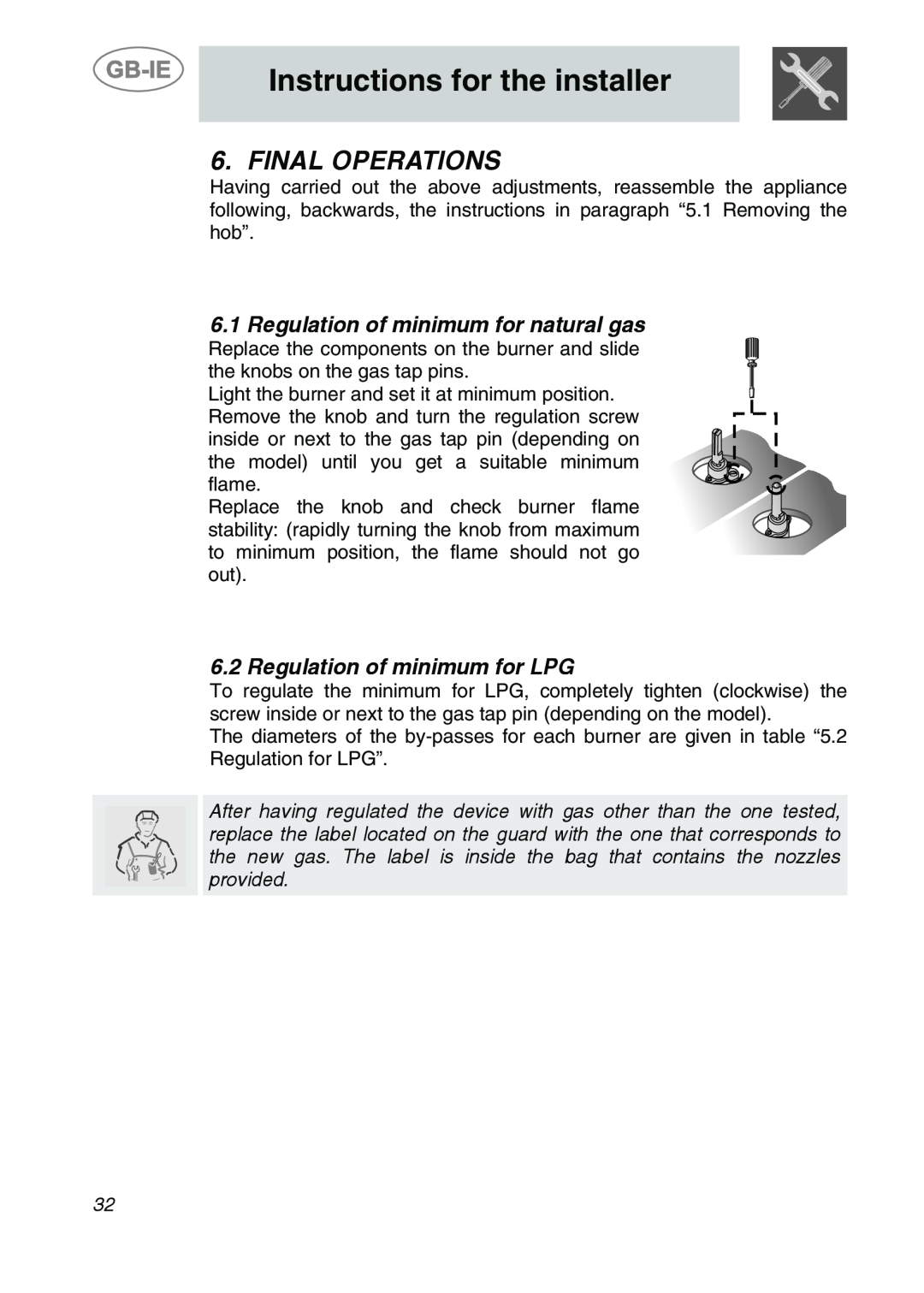 Smeg SDR60XG3 manual Final Operations, 6.1Regulation of minimum for natural gas, Regulation of minimum for LPG 