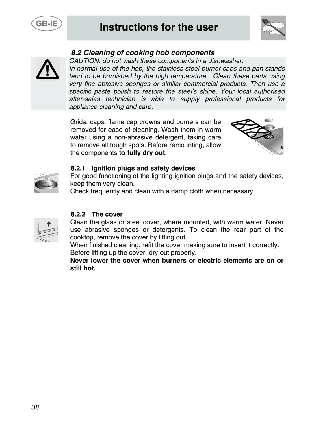 Smeg SDR60XG3 manual 8.2Cleaning of cooking hob components, Instructions for the user, Ignition plugs and safety devices 