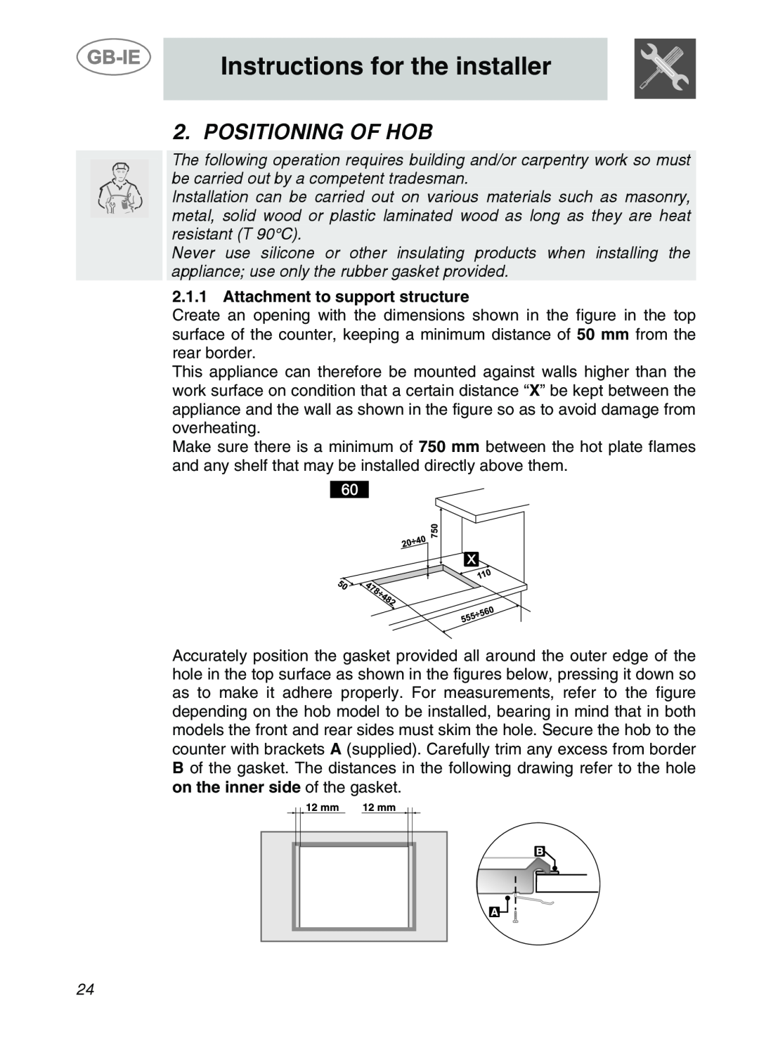 Smeg SDR60XG3 manual Instructions for the installer, Positioning Of Hob, Attachment to support structure 