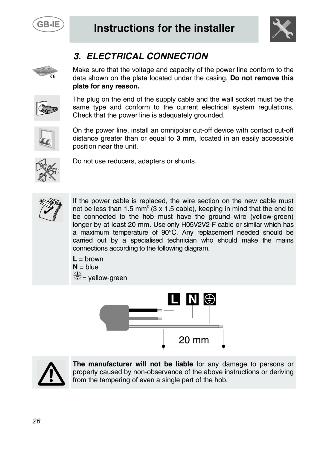 Smeg SDR60XG3 manual Electrical Connection, Instructions for the installer 
