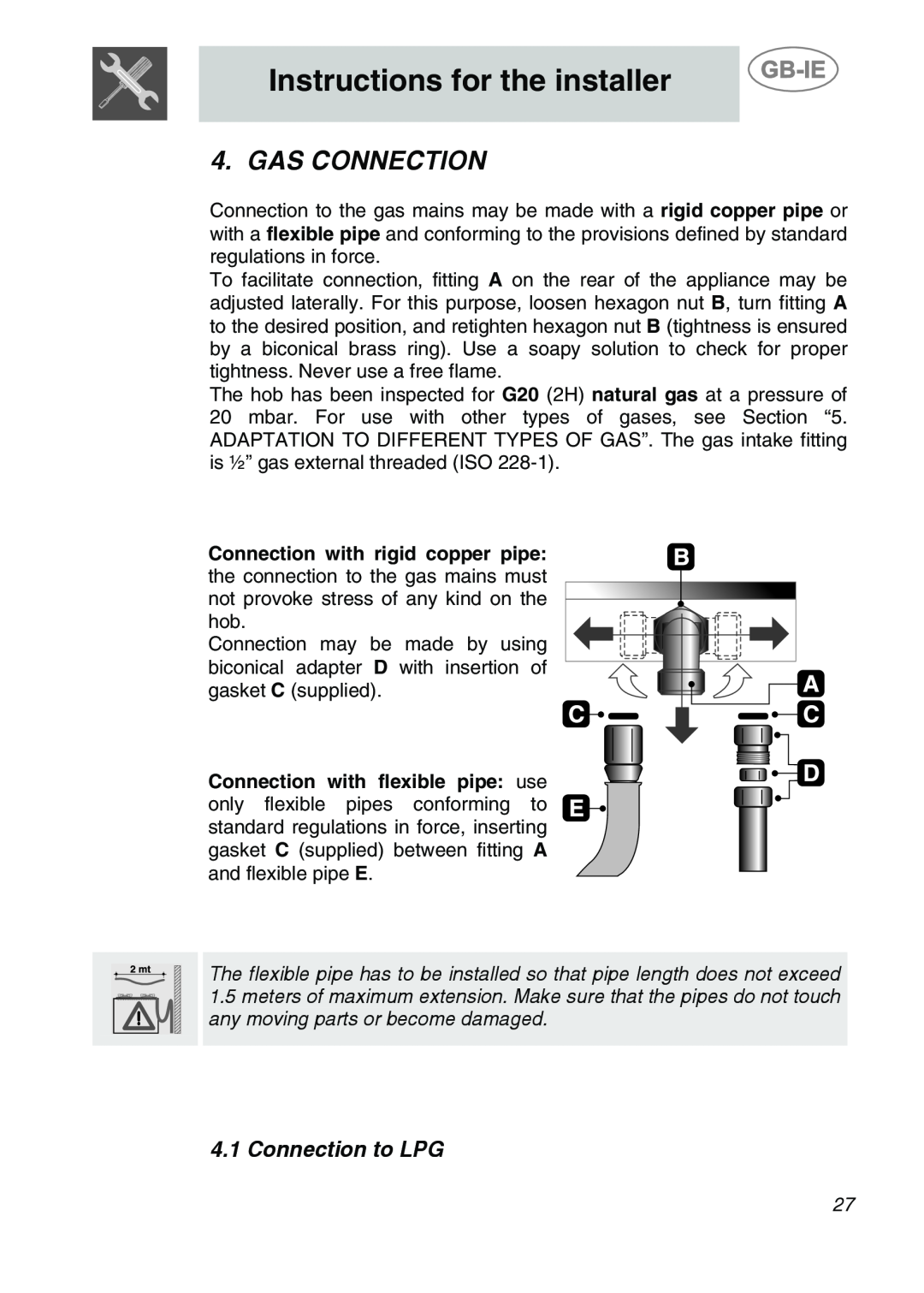 Smeg SDR60XG3 manual Gas Connection, 4.1Connection to LPG, Instructions for the installer 