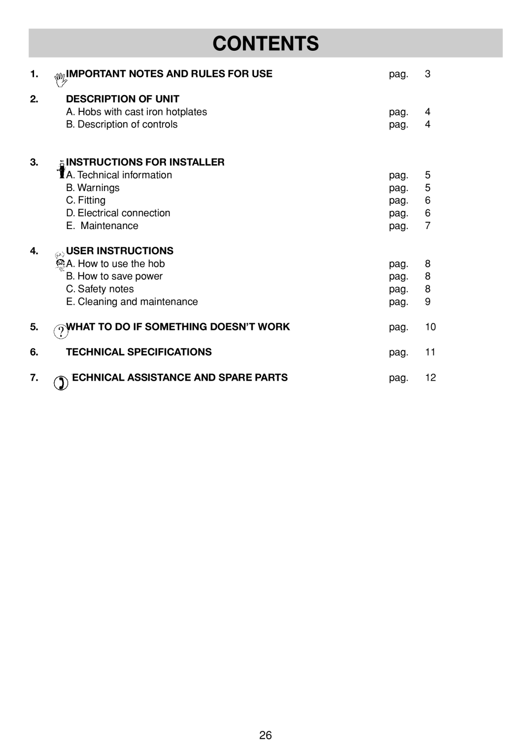 Smeg SE035 specifications Contents 