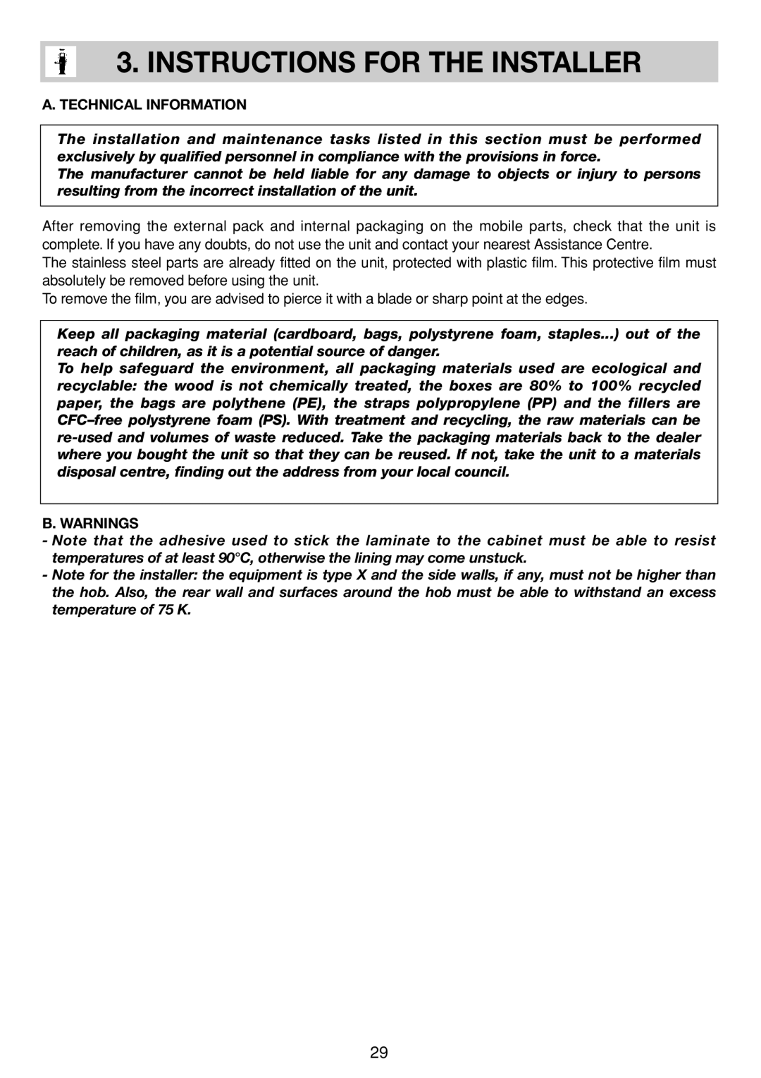 Smeg SE035 specifications Instructions for the Installer, Technical Information 