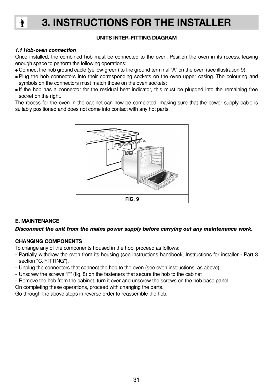 Smeg SE035 specifications Units INTER-FITTING Diagram, Hob-oven connection, Maintenance, Changing Components 