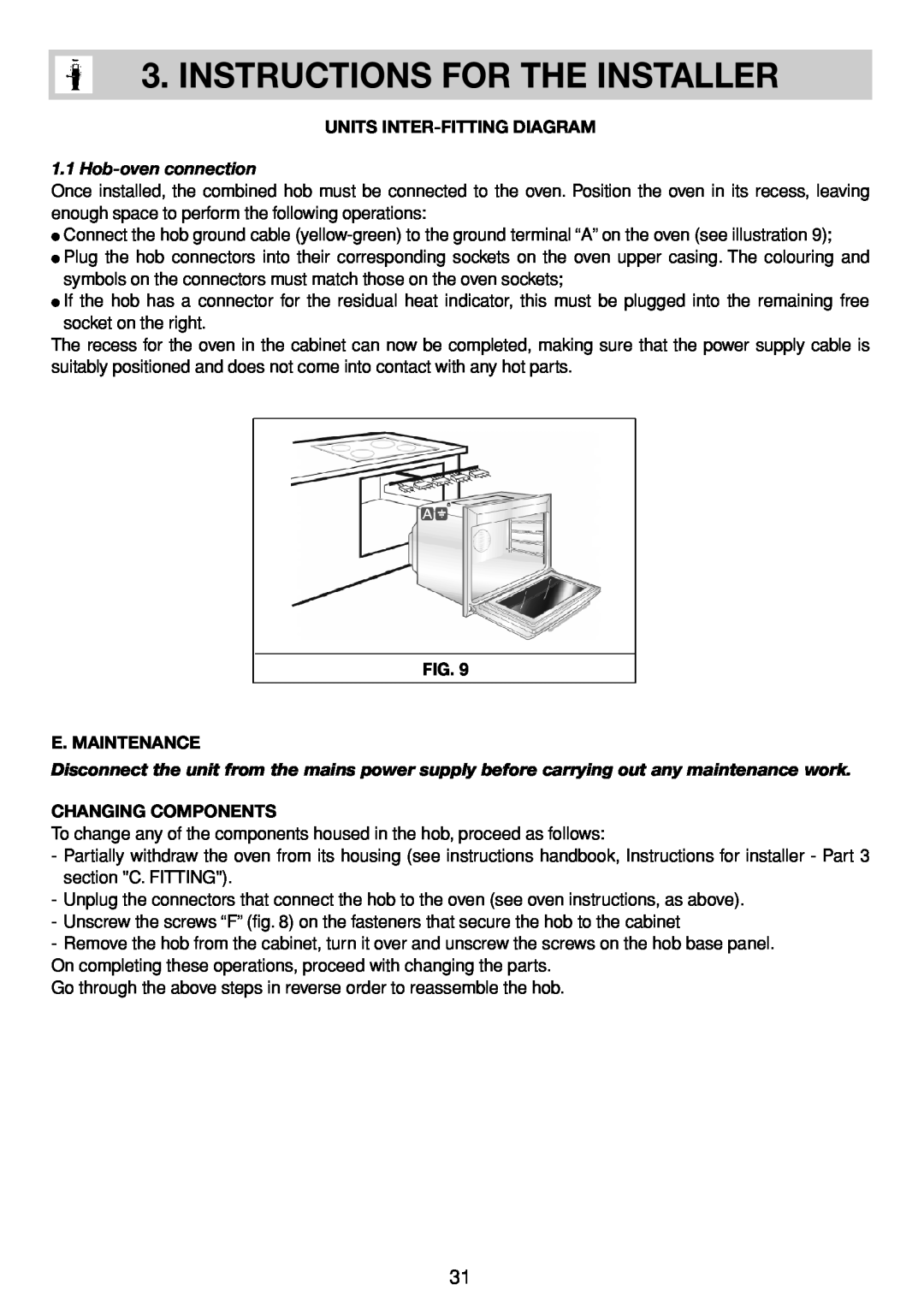 Smeg SE035 Units Inter-Fittingdiagram, Fig. E. Maintenance, Changing Components, Instructions For The Installer 