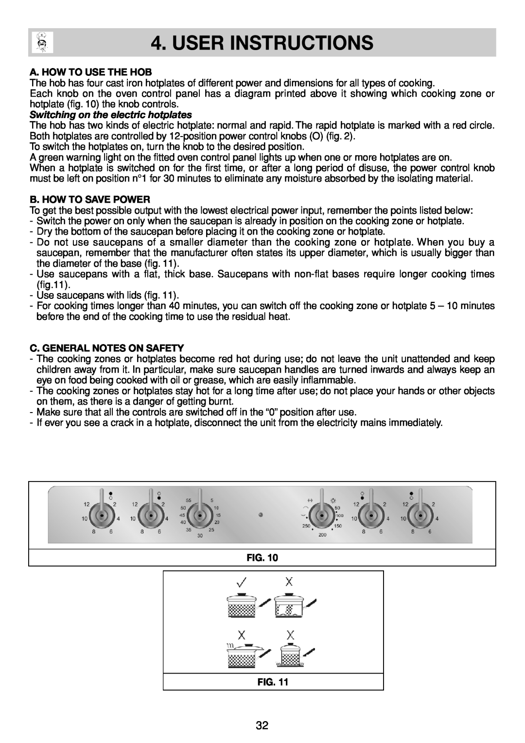 Smeg SE035 User Instructions, A. How To Use The Hob, B. How To Save Power, C. General Notes On Safety, Fig. Fig 