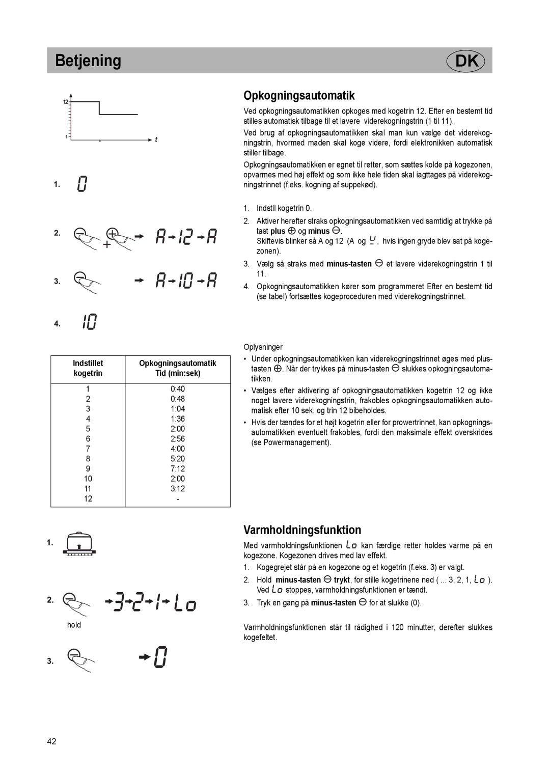 Smeg SE2320ID manual Varmholdningsfunktion, Indstillet Opkogningsautomatik Kogetrin, Kogefeltet 