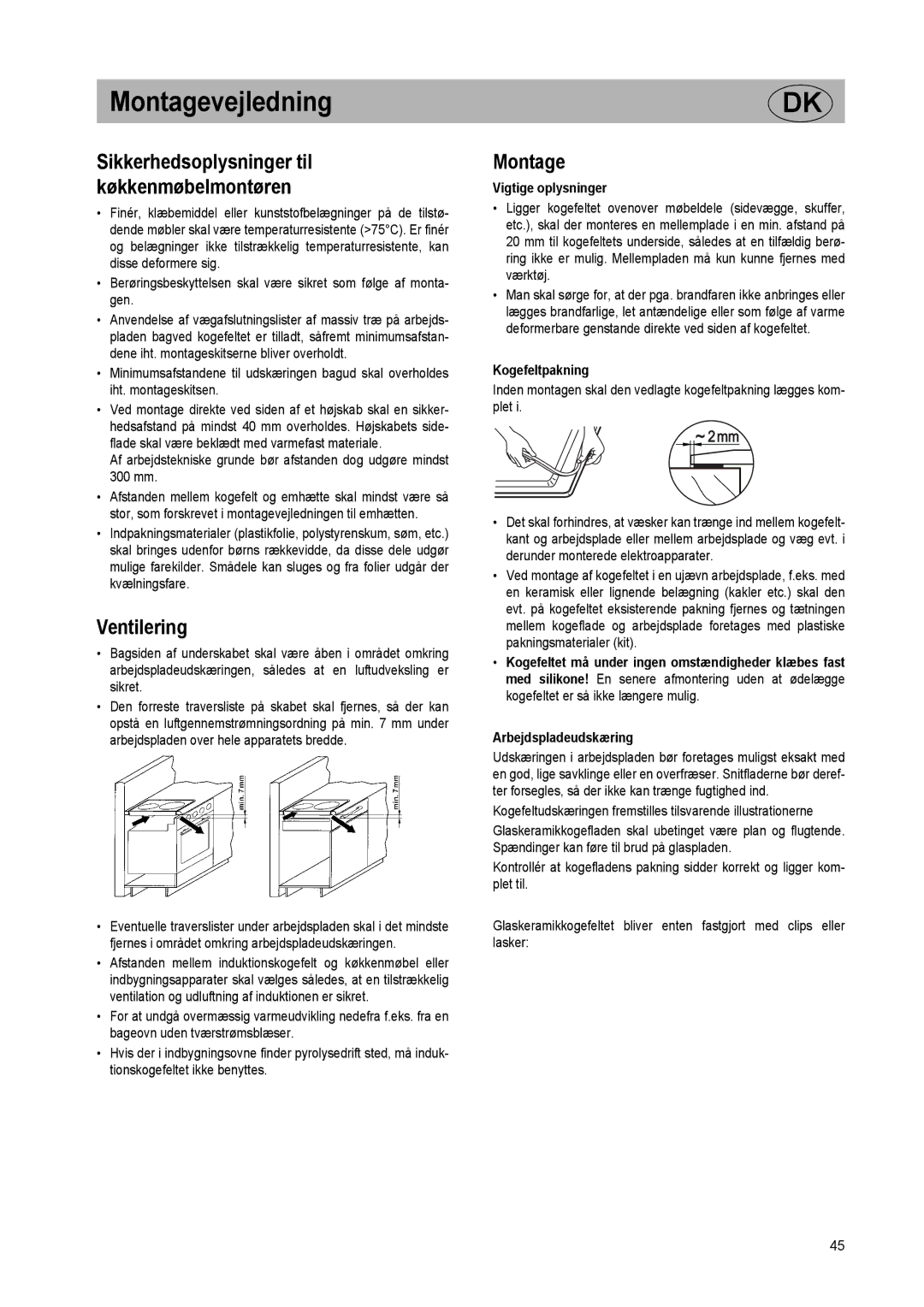 Smeg SE2320ID manual Montagevejledning, Ventilering, Vigtige oplysninger, Kogefeltpakning 