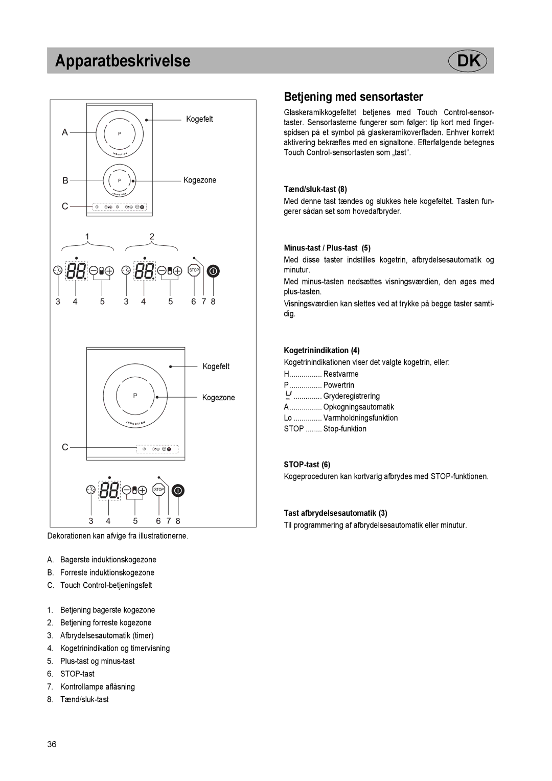 Smeg SE2320ID manual Apparatbeskrivelse, Betjening med sensortaster 