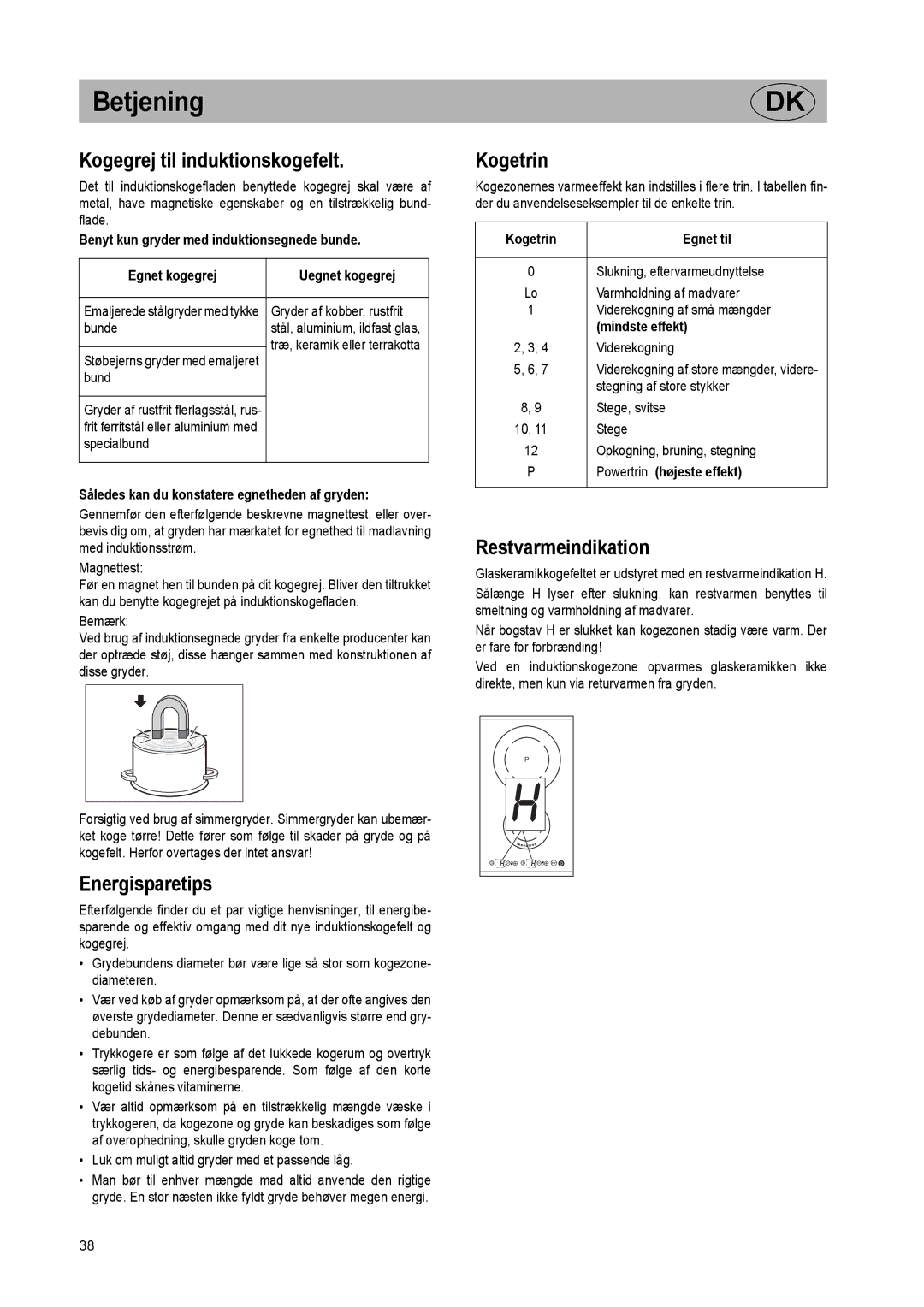 Smeg SE2320ID manual Kogegrej til induktionskogefelt, Energisparetips, Kogetrin, Restvarmeindikation 