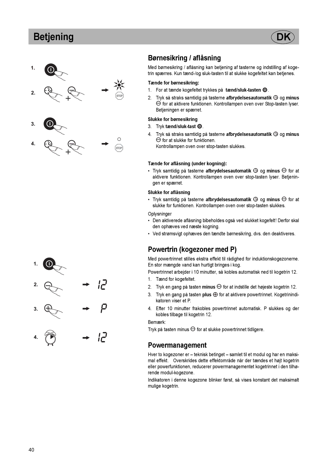 Smeg SE2320ID manual Børnesikring / aflåsning, Powertrin kogezoner med P, Powermanagement 