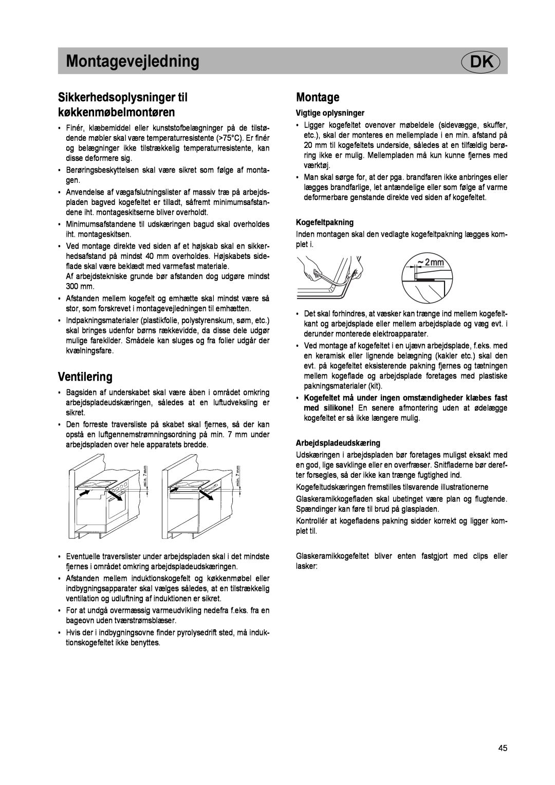 Smeg SE2320ID manual Montagevejledning, Ventilering, Sikkerhedsoplysninger til køkkenmøbelmontøren, Vigtige oplysninger 
